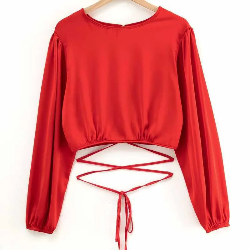 Kadın T-Shirt Bahar 2022 Yeni Dantel Yukarı Bel Seksi Üstler Saten Yuvarlak Boyun Uzun Kollu Korse Moda Kısa Bayanlar Günlük Göbek Göbek Tişörtleri T220926