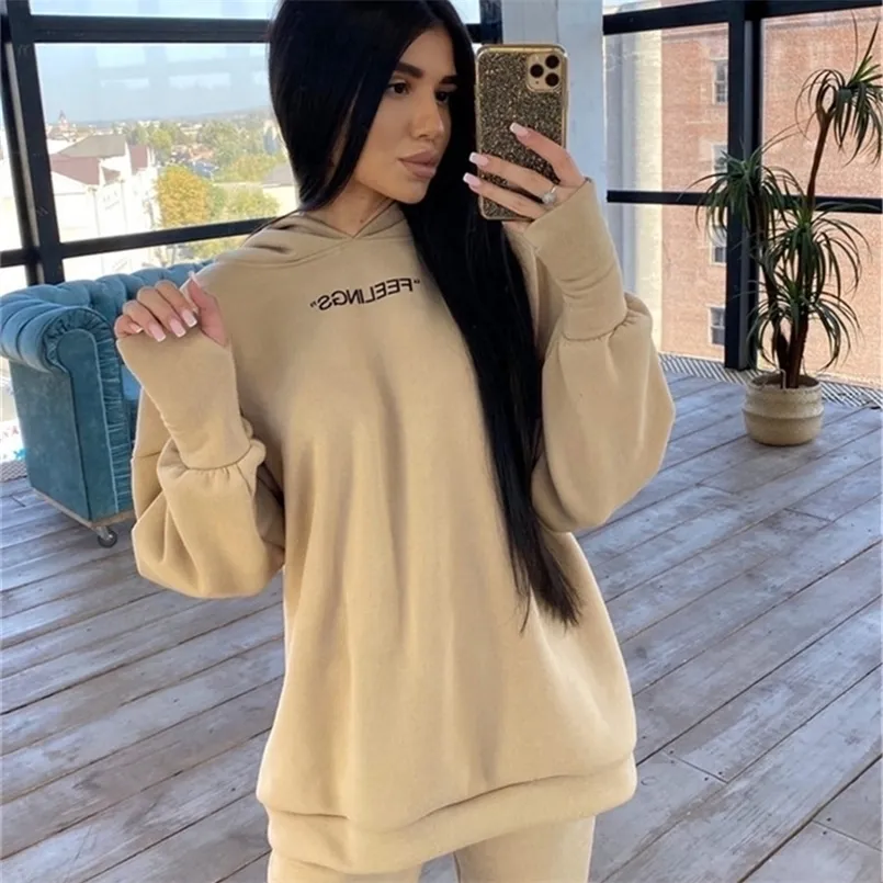 Women's Two Piece Pants Hoodies Suit Winter Letter Solid Casual Warm Tracksuit Women Fleece 2 Pieces Set Sports Sweatshirts Pullover Sweatpants Outfits 220922