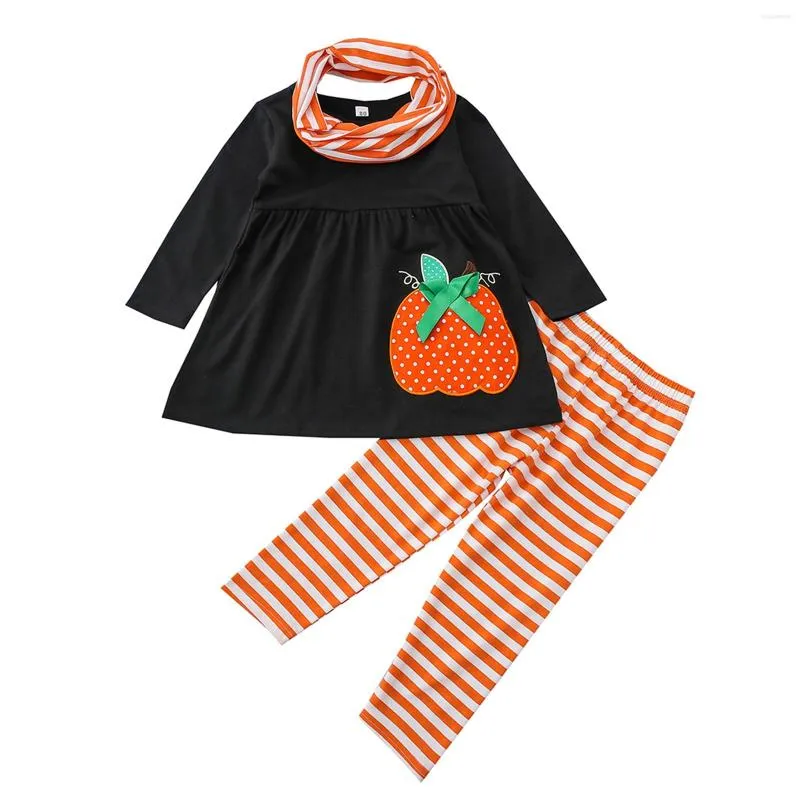 Set di abbigliamento 2022 3 pezzi bambini Halloween tuta zucca ricamo girocollo maniche lunghe camicetta pantaloni a righe sciarpa per ragazze 1-6 anni