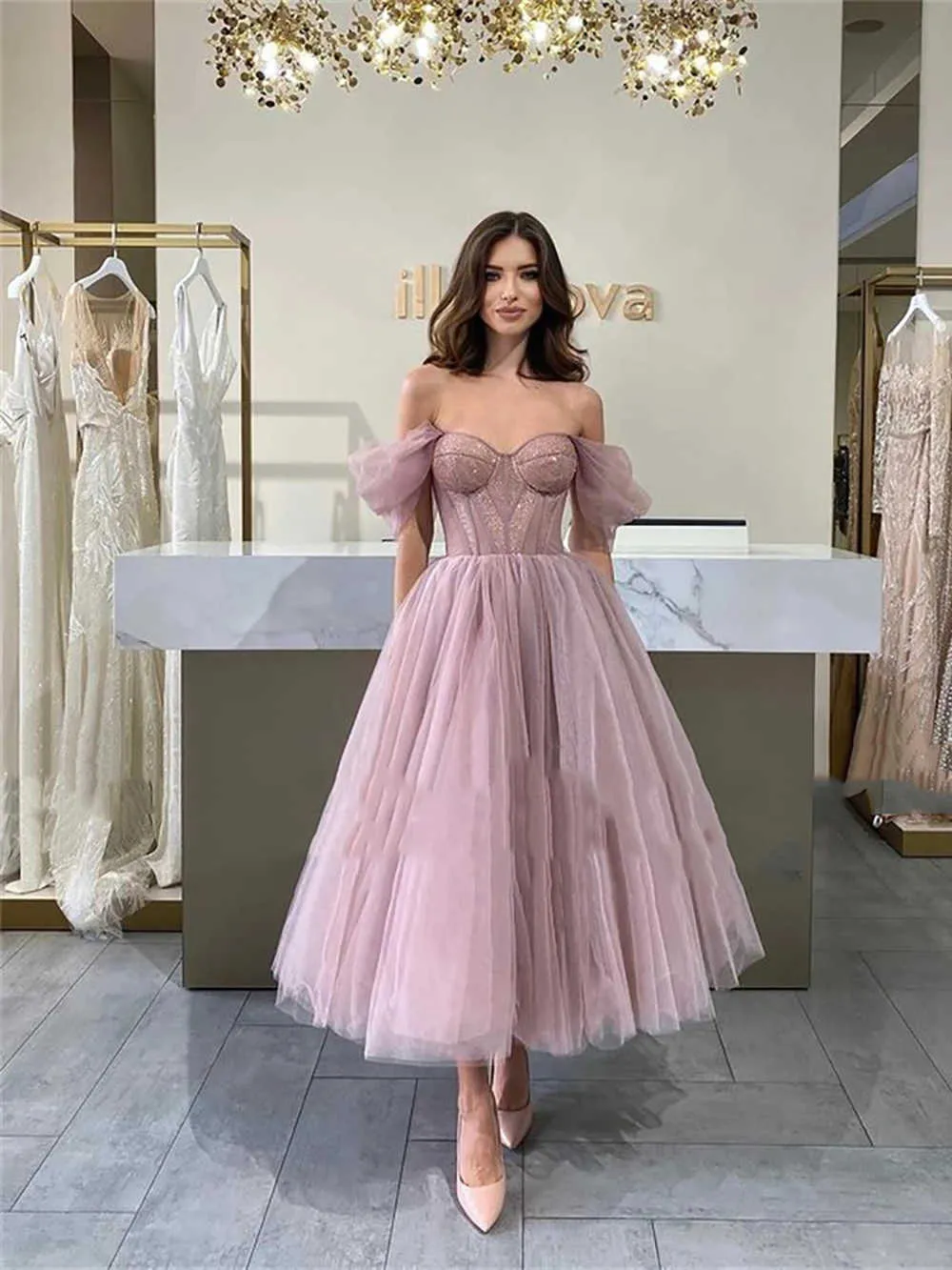 Vestidos De Festa Eeqasn Simples Tule Tule Curto Baile Vestidos
