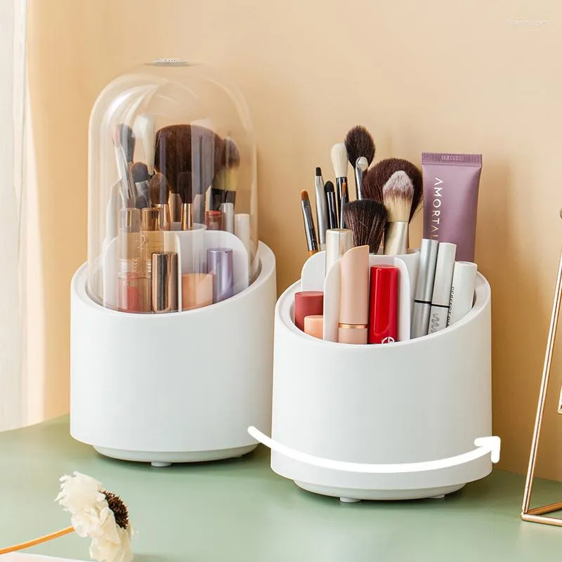 Storage Boxes Multifunction 360° Rotating Pen Holder Pencil Makeup Brush Bucket Dust-proof Cosmetic Box Compartment Desktop Organizer