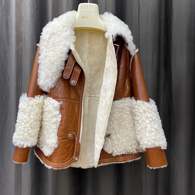 Frauen Pelz Faux Echtes Schaffell Leder Jacke Frauen Winter Mäntel Mit Natürlichen Schafe Wolle Warme Mode Outwear Echt Lamm Kragen 220926