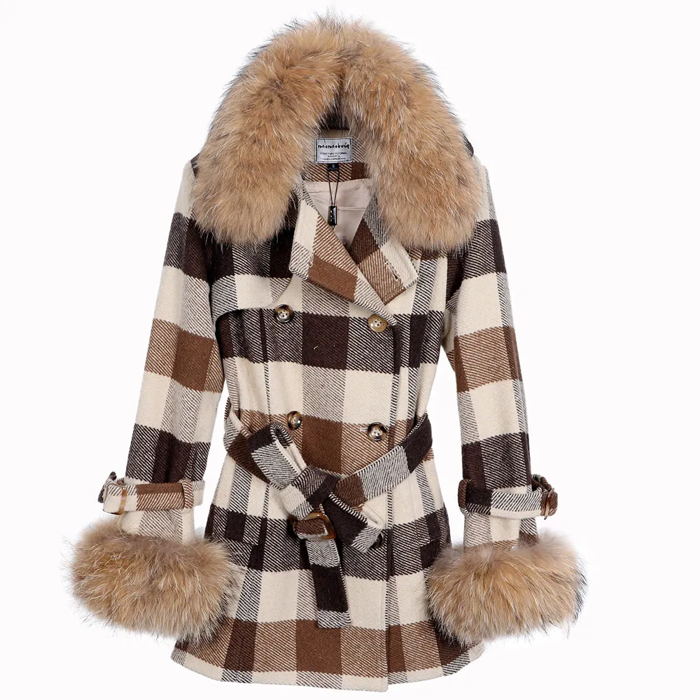 Women s Fur Faux MaoMaoKong plaid ladies coat leather raccoon oversized fur collar double breasted winter pie overcoming female blazer 220926