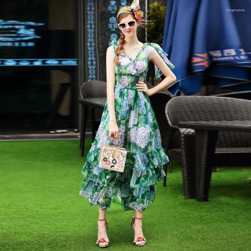 Casual jurken Hoge kwaliteit 2022 Designer Fashion Runway Long Jurk V-Neck Mouwess Green Leaf Printing Cascading Ruffle Maxi