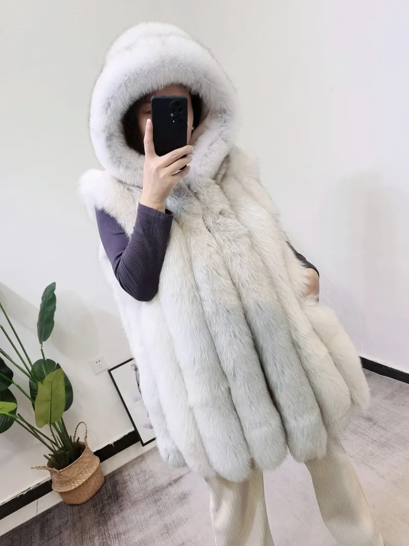 Dames s fur faux capuchon real vest dames luxe winter plus size vesten met mouwloze mouwloos van de kap van echte natuurlijke 220926