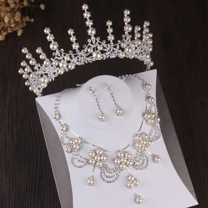Shinning Silver 3 Pieces Set Wedding Bridal Jewelry Bridal Accessories Party Events TiaranecklaceeArrings J926002 Pierced