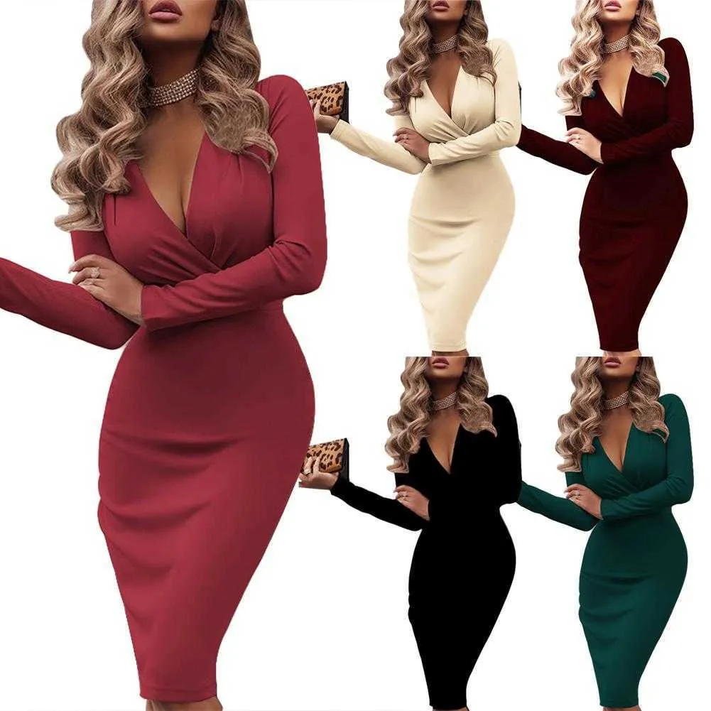 Casual Dresses New Evening Party Women Solid Color V Neck Long Sleeve Kne Length Bodycon Dress Y2209