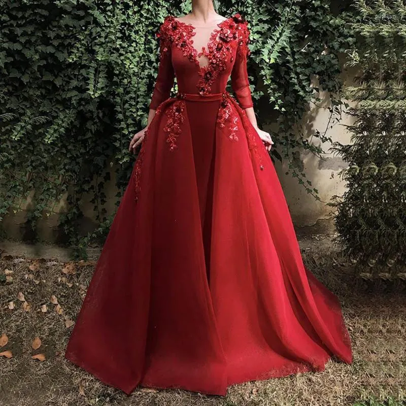 Party Dresses Dark Red Long Evening Gown Sleeve Sequin Flowers Dubai Kaftan Saudi Arabic Elegant Formal Dress Muslim DressesParty