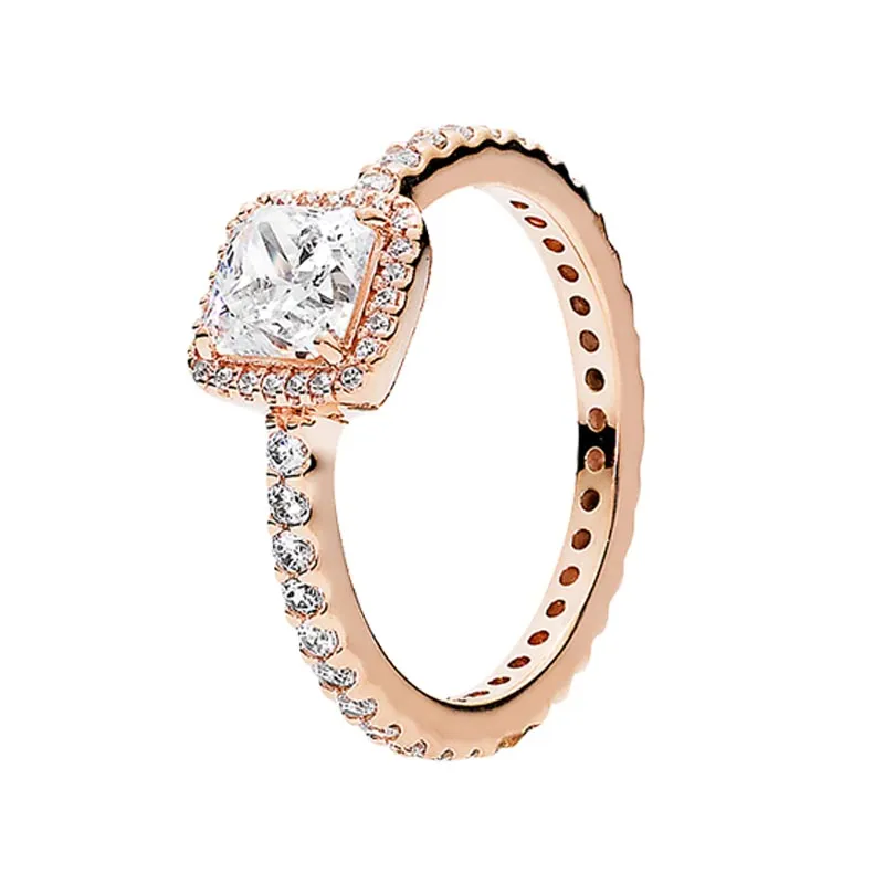 Rose Gold Square Sparkle Halo Rings Real Sterling Silver Women Wedding Present Designer smycken med originalbox för Pandora CZ Diamond Engagement Ring Set