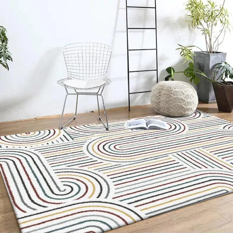 Tapis élégant géométrique multicolore lignes courbes tapis de sol chambre salon porte tapis de chevet en peluche tapis antidérapant sur mesure