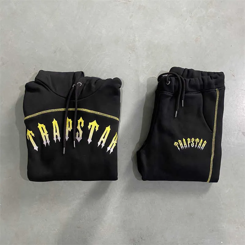 Men's 2024 Trapstar Tracksuit Set - Black Paneled Gold Embroidery