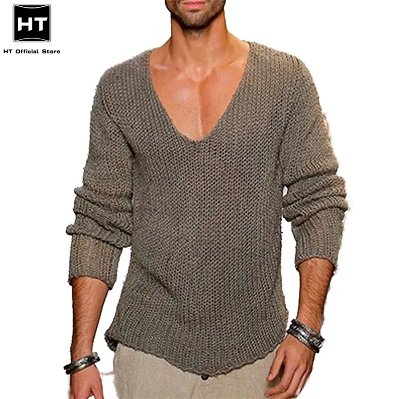 Mens Sweaters Casual Solid Vneck Loose Cotton Pullovers High Elasticity Fashion Slim Fit Male Pullover Plus Size 220923