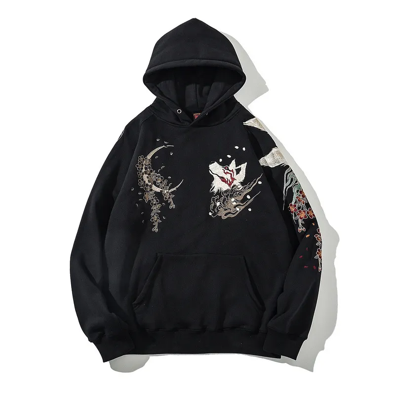 Sweat à capuche Streetwear japonais Hip Hop sweat brodé renard à capuche 2022 hommes Harajuku coton pull décontracté noir