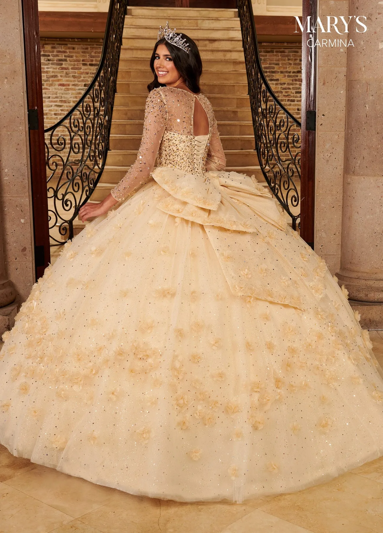 Champagne Long Sleeve Beading Quinceanera Dress Ball Gown Sweet 16 Prom Dress with Big Bow Back Floral Tulle Sweep Train