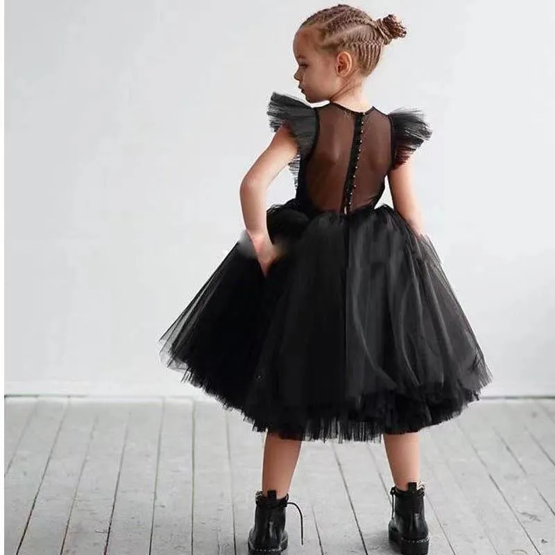 Robes de fille de fleur de la princesse Black Tull avec des manches de feuilles de lotus Pageant Childre Bouche de bal pour le mariage officiel de No￫l