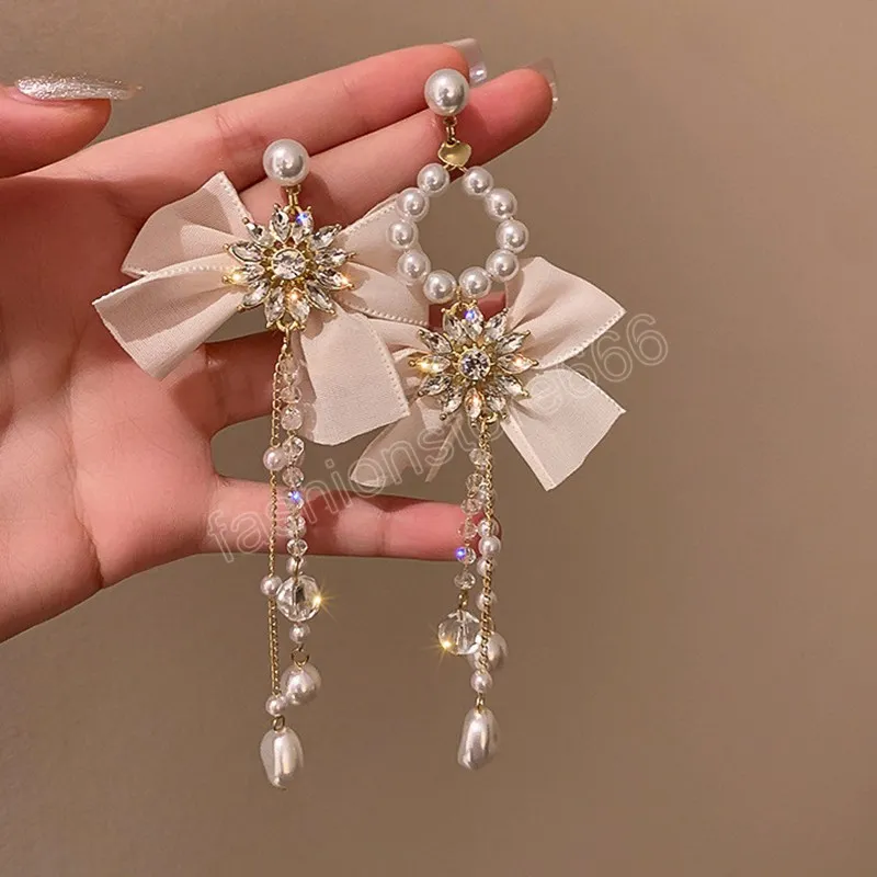 Pendientes colgantes de perlas de imitación barrocas francesas, pendientes de cristal con borlas y lazo asimétrico sencillo a la moda, regalos de joyería para mujer