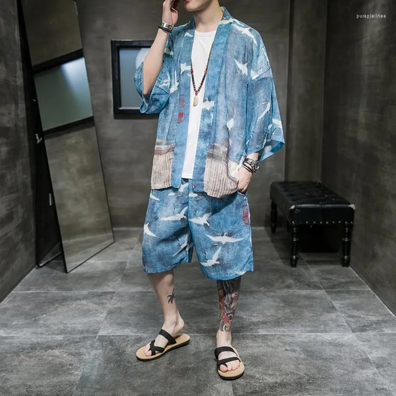 Men's Tracksuits Men's 2022 Chinese Bird Print Blue Summer Loose Tracksuit Men Mens Kimono Shorts Suit Sets Male Style 2 Piece Clothes