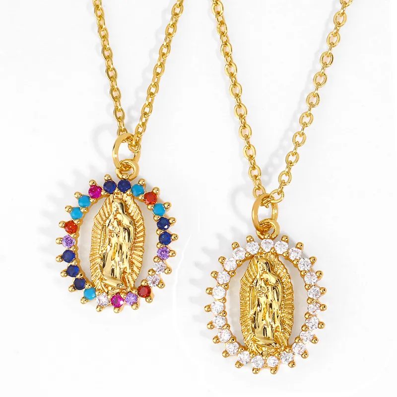 Religieux Vierge Marie Pendentif Collier Femmes Plaqué Or 18K Glacé Lien Chaîne Colliers Cuivre Coloré Cubique Zircone CZ Mode Hommes Catholique Bijoux Cadeaux