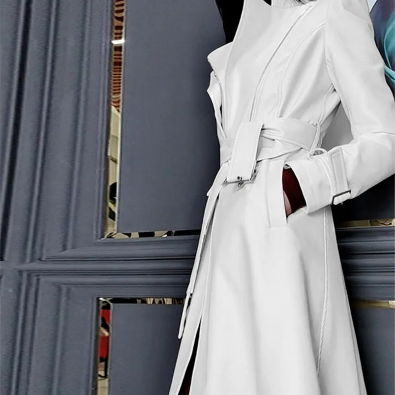 여성 트렌치 코트 Nerazzurri Spring Runway 흰색 긴 가죽 트렌치 코트 여성 긴 소매 우아한 고급 패션 여성 코트 디자이너 220924