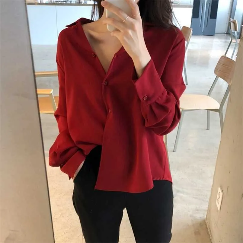 Camisas de blusas femininas bgteever elegant vneck botão frontal camisetas mulheres blusas e tops soltos mulheres blusas vermelhas blusas mujer 220923