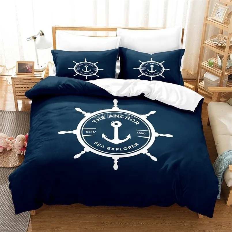 Zestawy pościeli Zestaw Bedding MARINE Ocean Sea 3D Zestawy kołdry Zestawy Łóżko Linna Królowa Król Król jeden rozmiar Niebieski statek Dzieci 220924