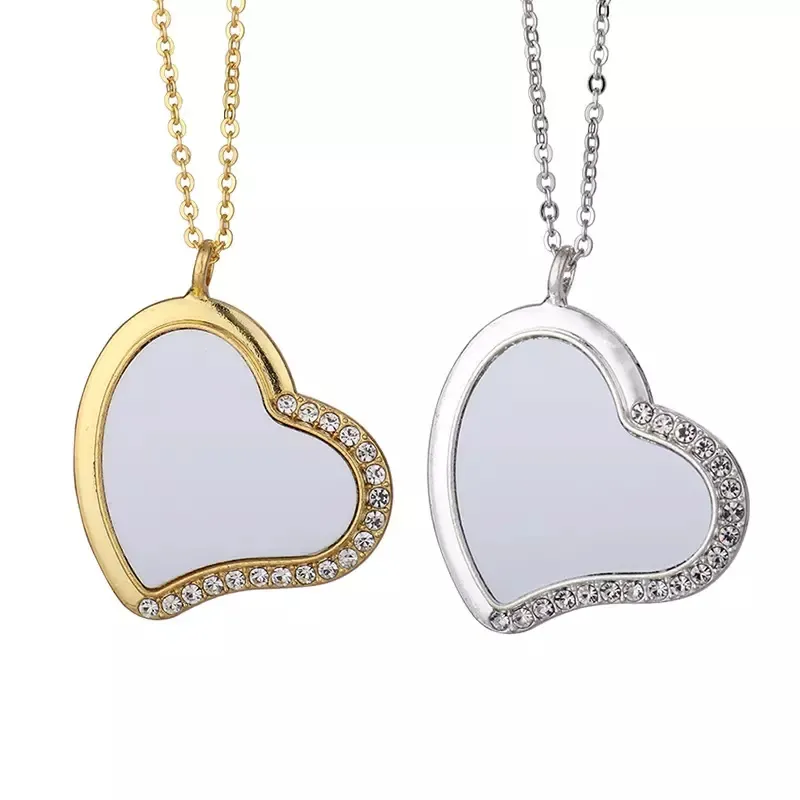 Rhinestone Sublimation Pendant Trays Set Heart Shape Double Sided Blank Charms with Chain Sublimation Blanks Discs Necklaces for Jewelry Making