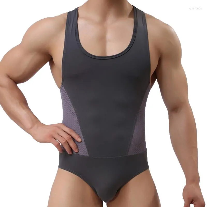 Undershirts Sexy Mens Tight One-Piece Vest Jumpsuit Wrestling Singlet Sport Leotard Breathable Men Bodysuit Gay Briefs Underwear