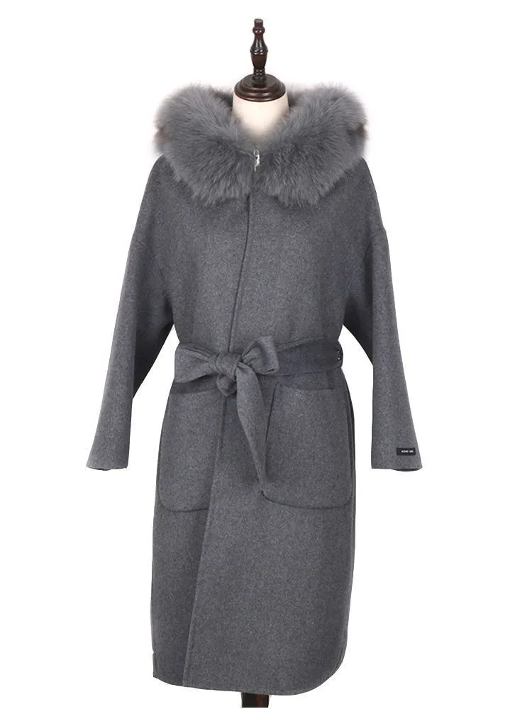 Kobiety FUE FAUX FURYOUME Cashmere Wool Blends Real Płaszcz Ogólna luźna zimowa kurtka Kobiet naturalny kołnierz z kapturem streetwear 220926