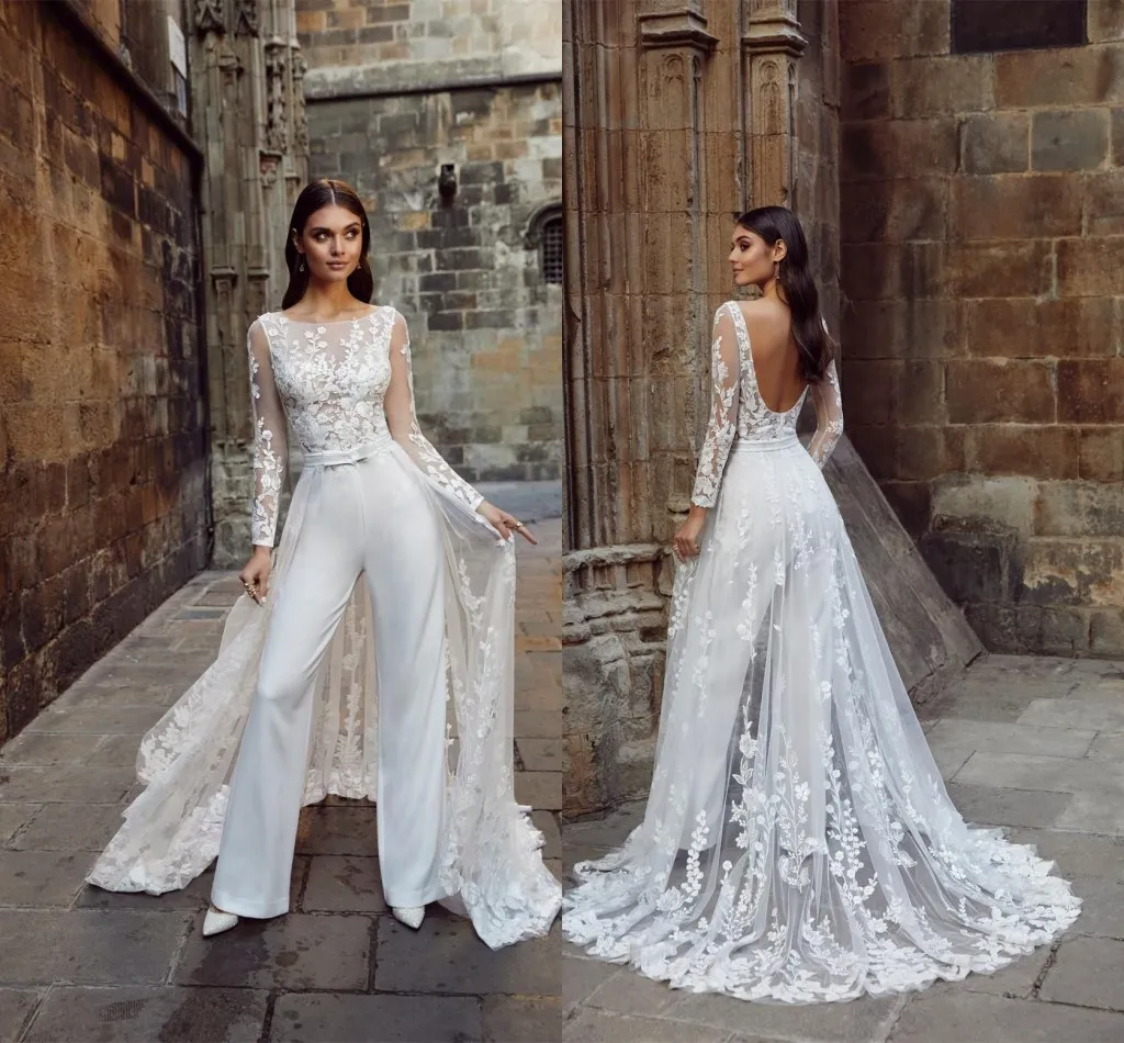 Bohemian Illusion A Line Wedding Ladies Jumpsuits For Weddings With Lace  Floral Sheer Neckline And Train Long Sleeve, 2023 Collection From  Alegant_lady, $111.52