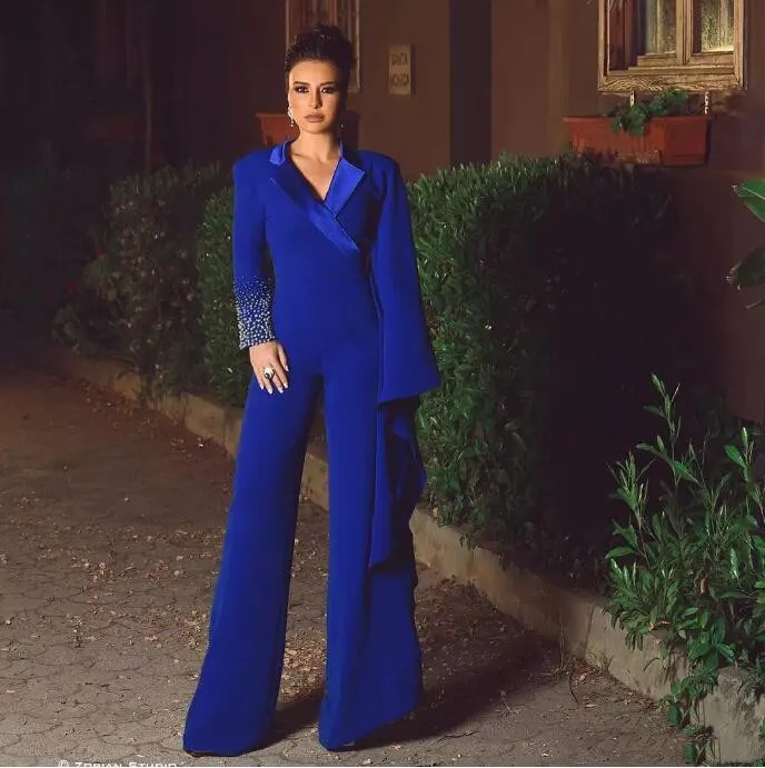 Royal Blue Peaked Lapel Mother Of The Bride Pant Suit With Beaded