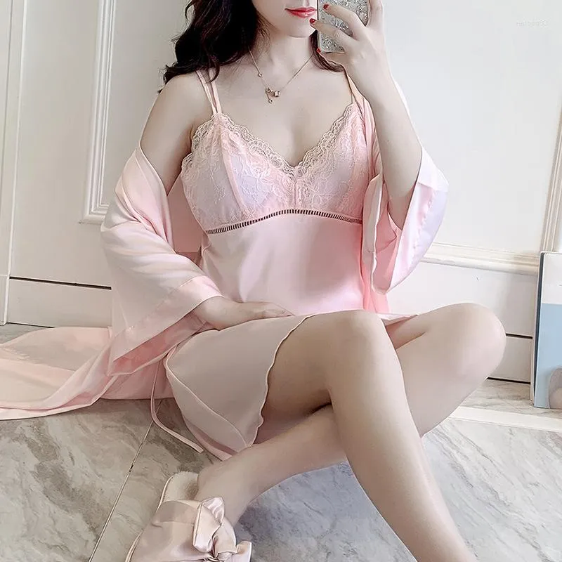 Women's Sleepwear Sexy Suspenders Nighty Robe Set Spring Satin Women's Nightwear Dressing Gown With Bra Lace Intimate Lingerie Casual