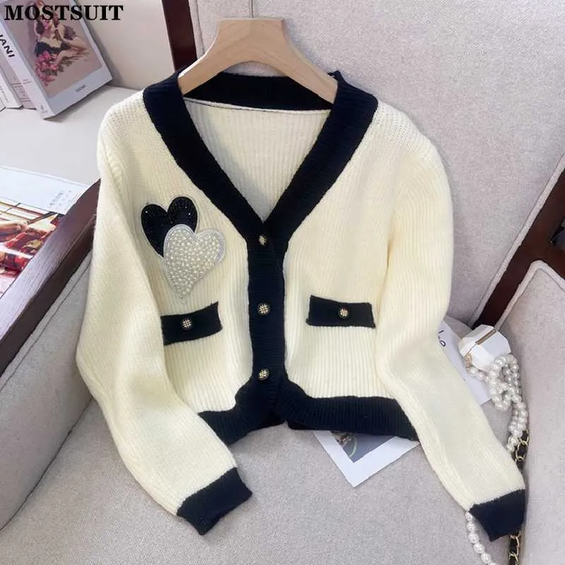 Kvinnors tröjor Pearl Beading Vintage Elegant Women Cardigan tröja för kvinnor Kontrast Färg V-ringning Långärmad toppar Fashion Ladies Jumpers T220925