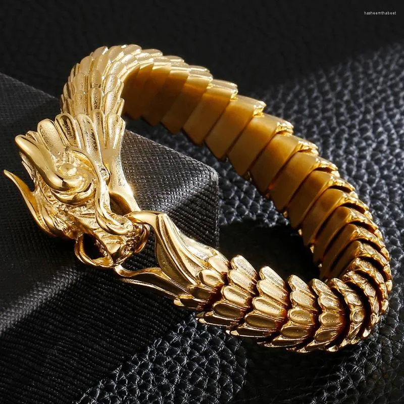 Bağlantı Bilezikler Dragon Head Animal Man Bilezik Lüks Altın Ton Paslanmaz Çelik Omurga Zinciri Erkek Bilek Band Viking Charm Bangle