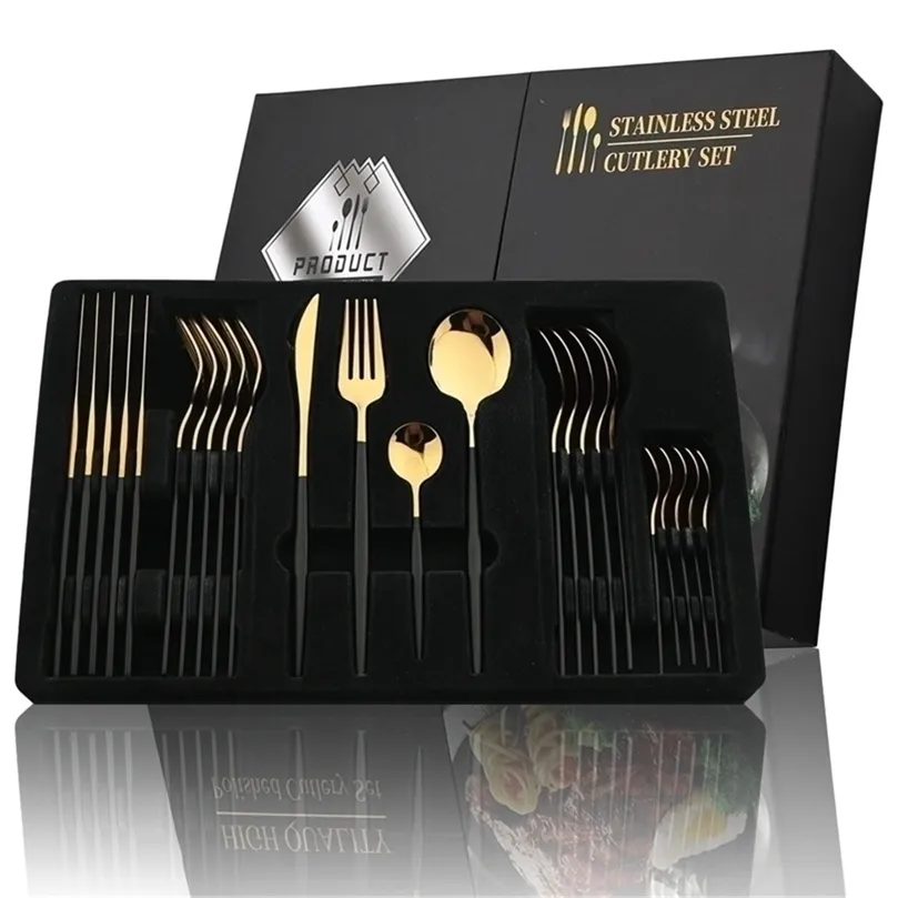 Ensembles de vaisselle 24pcs manche noir couverts dorés couteau en acier inoxydable fourchette cuillère vaisselle couverts festival cuisine cadeau 220922