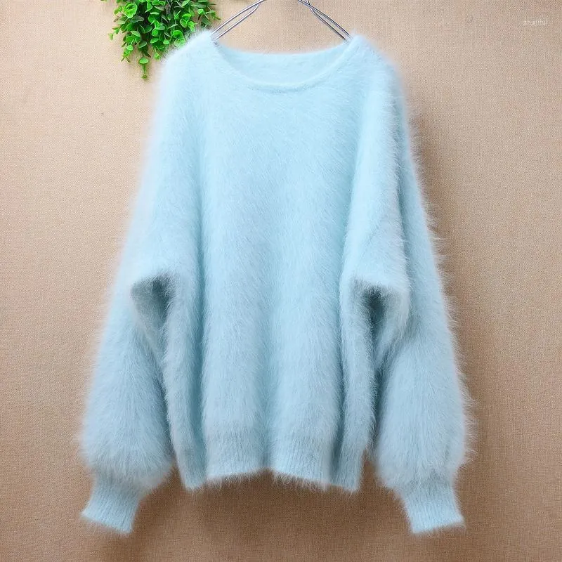 Women's Sweaters Women's Ladies Women Fashion Green Hairy Mink Cashmere Knitted Long Lantern Sleeves O-Neck Loose Pullover Angora Fur