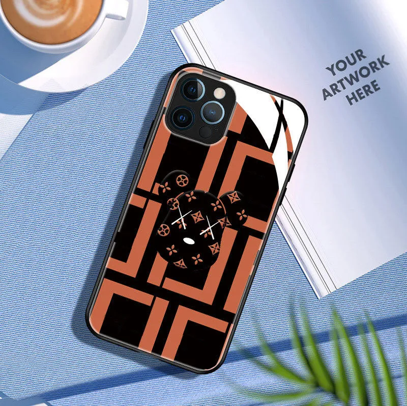 Étuis de téléphone de mode avec motif d'ours, étui de luxe en verre trempé orange, coque antichoc pour IPhone 14 Pro Max 13P 12 11 XR