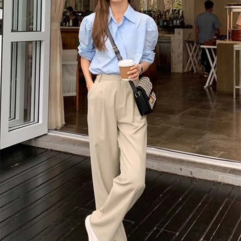 Damenhose Capris Retro Gerade Breites Bein Braune Vintage Weibliche Koreanische Hohe Taille Lässige Lange Marineblau Weiß Beige Hose 220922