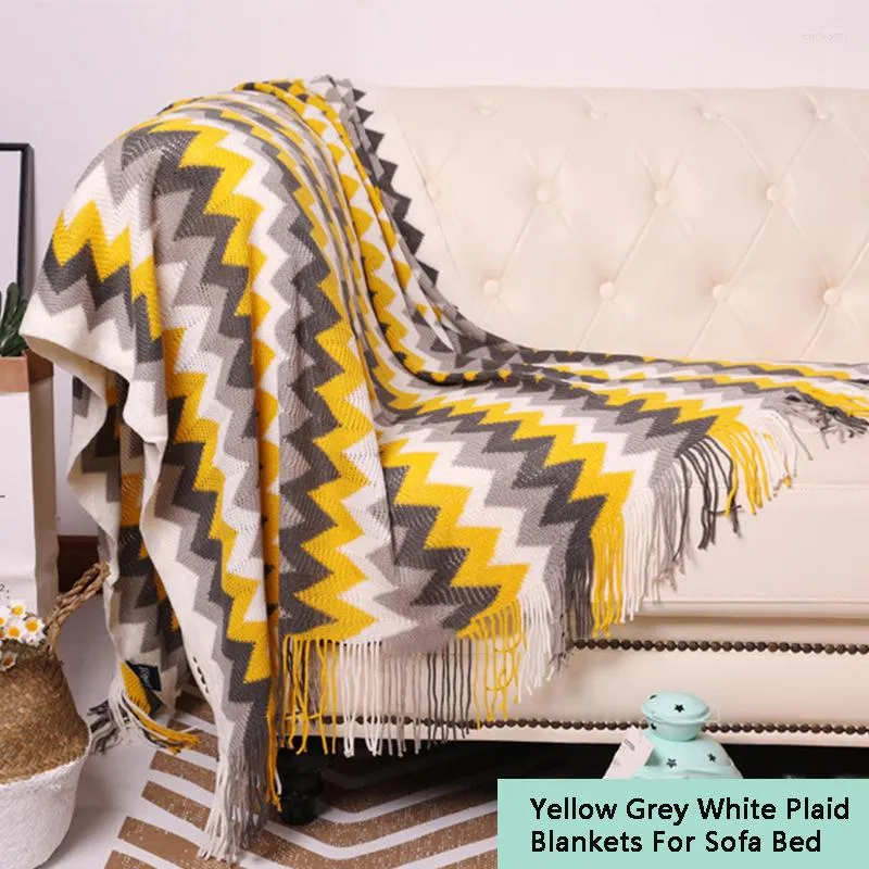 Blankets Yellow Grey White Knitted For Sofa Bed Geometric Pattern Printed Blanket Winter Sleeping Adult Soft Woven Throw