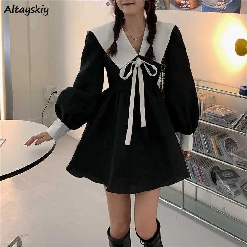 Casual Dresses Long Sleeve Dresses Women Patchwork Sailor Collar Bow Dekorera hög midja A-Line Sweet Spring Fall Mini Dress Korean Fashion New T220905