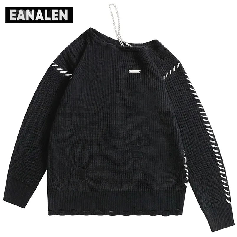 Camisolas masculinos Harajuku Personalidade Hole Jumper Sweater de malha de malha