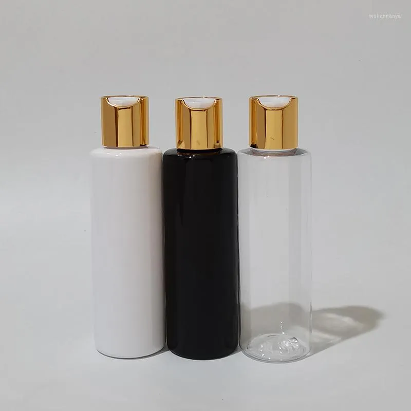 Бутылки для хранения 150 мл пустого пластикового черного с золотой серебряной напедой косметической шампунь