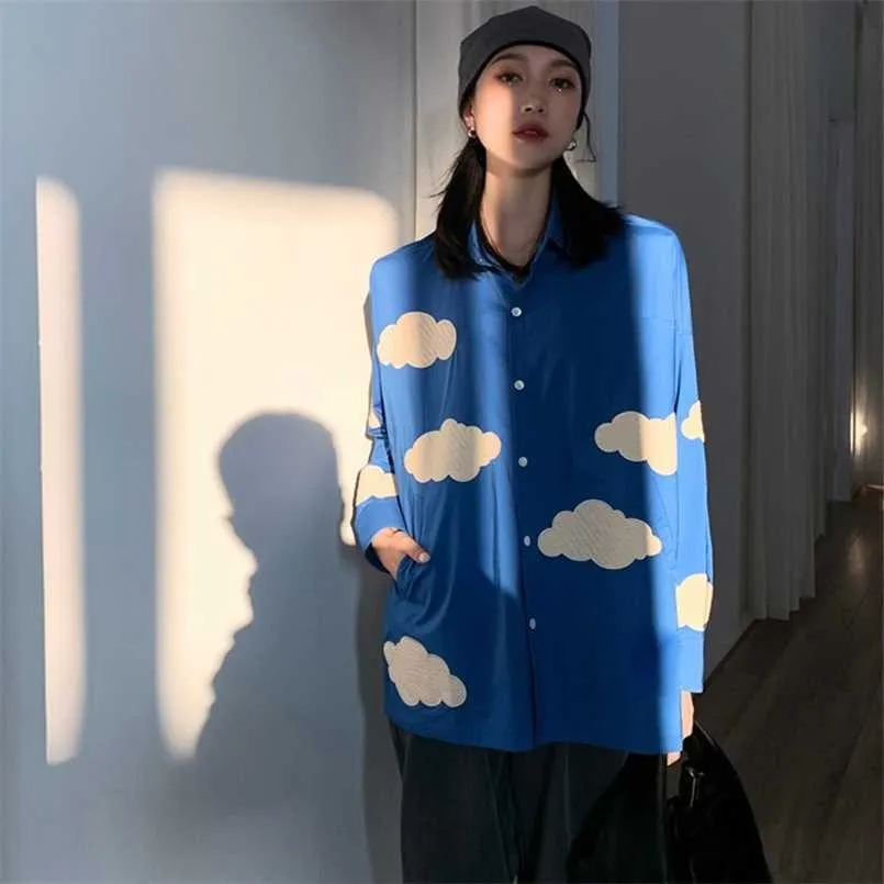 Women's Blouses shirts oversized blauwe hemel witte wolken borduurwerk losse shirt dames blouses lente lange mouw tops blusas mujer 220923