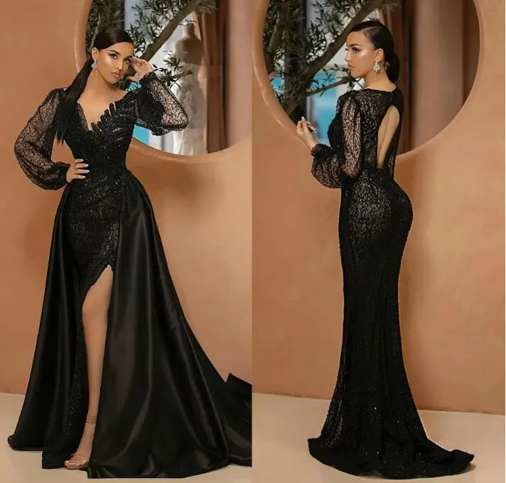 Arabic Black Mermaid Evening Dresses with Detachable Train V Neck Lace Sequins Prom Dress Long Sleeves Luxury Robe De Soiree