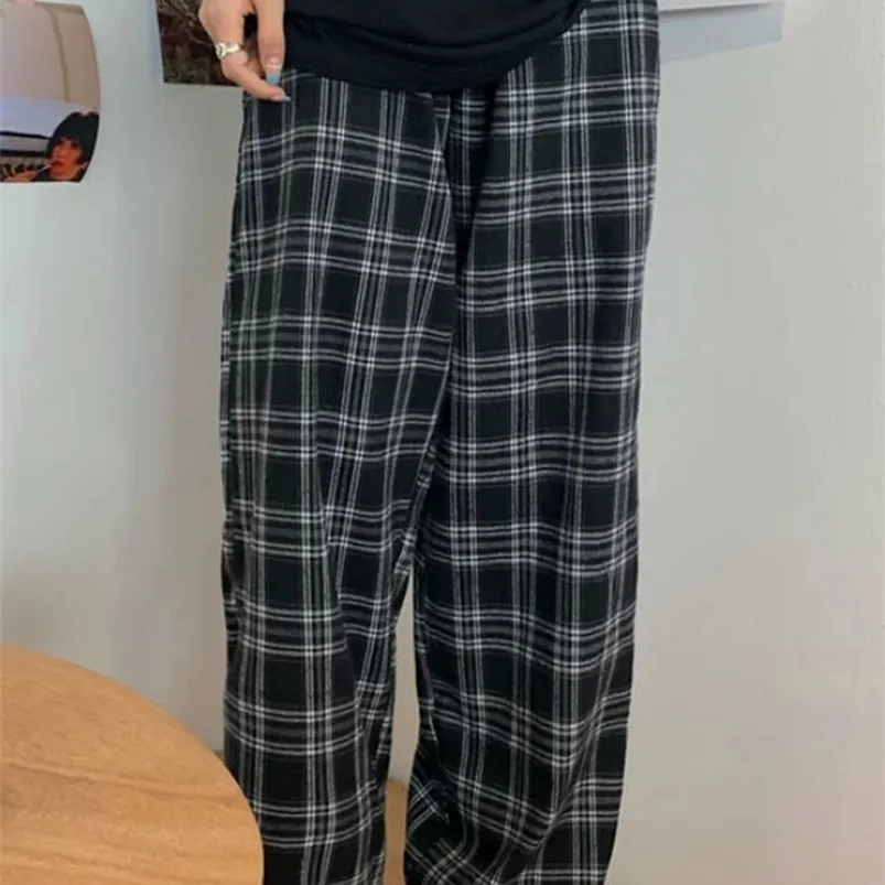 Dames broek capris jmprs zwarte vrouwen plaid casual oversized losse wide been broek retro tieners harajuku hiphop all match streetwear s 3xl 220922