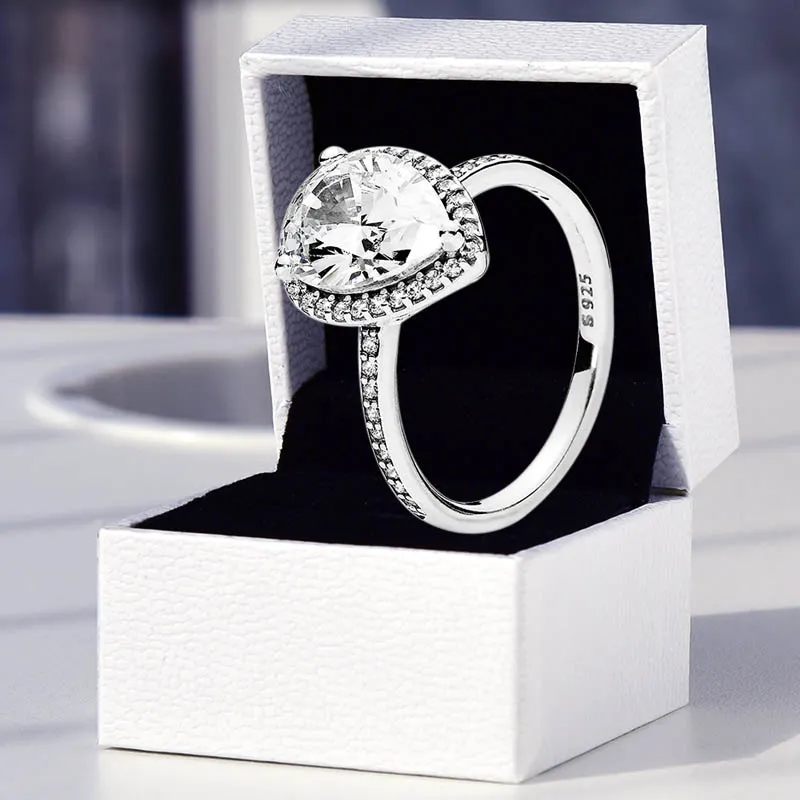 Sparkling Teardrop Halo RING Authentique Sterling Silver Wedding designer Jewelry For Women Girls Original Box Set pour Pandora petite amie Anneaux cadeaux