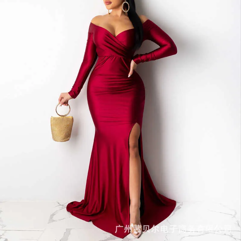 Casual Dresses WEPBEL Burgundy Slash Collar Dresses Women Sexy Party Split Dress Long Sleeve High Waist Bodycon Solid Color Fashion Dress Y2209