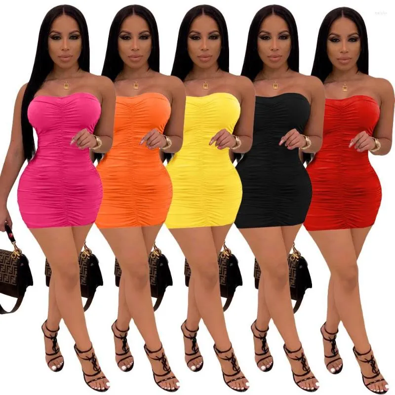 Casual Dresses Solid Sexy Strapless Short Skinny Dress Summer Office Lady Elegant Pleated Slim Pencil Package Hip Bodycon Fold Tube