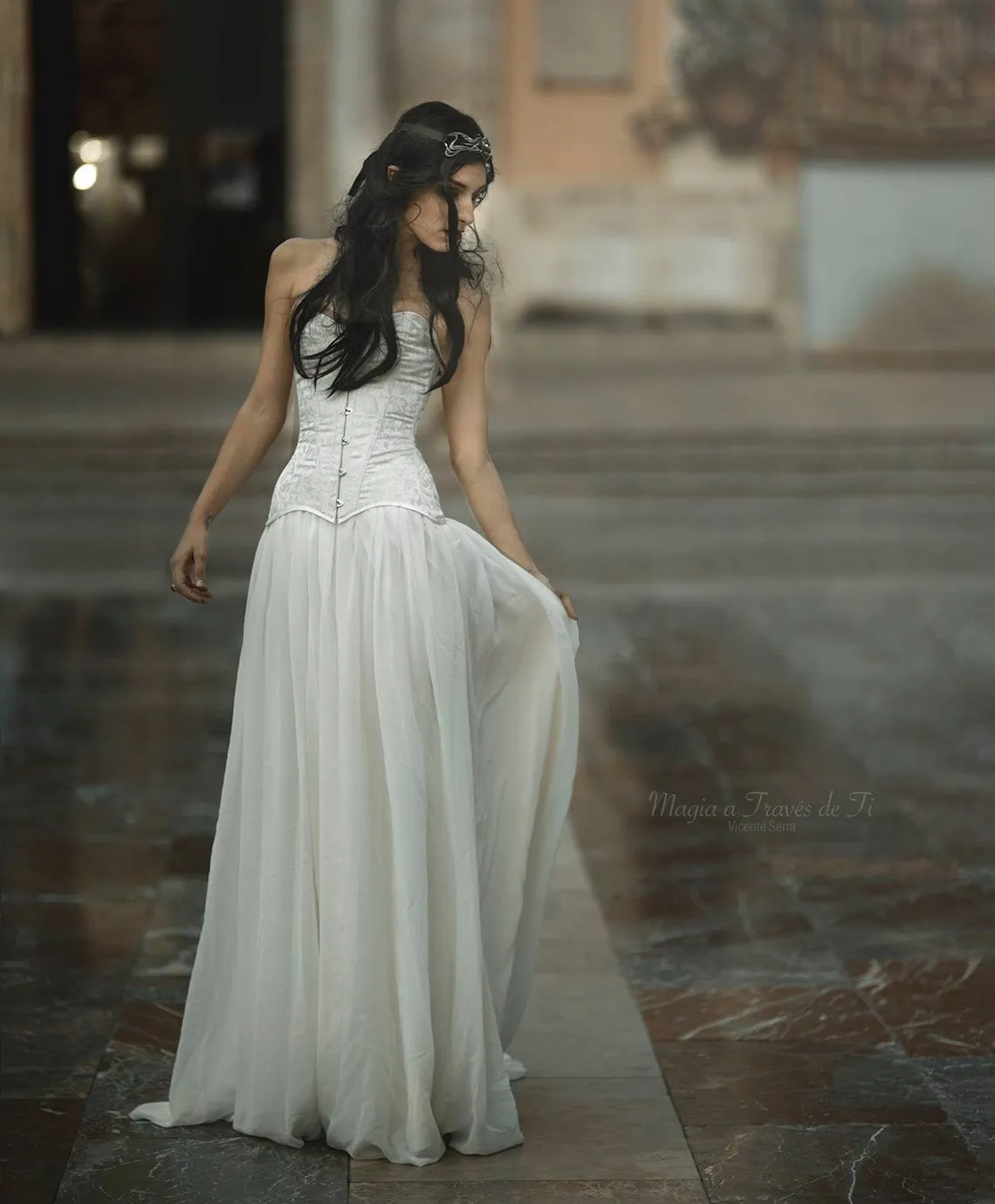 Vintage Gothic Ivory Chiffon Satin a line wedding dress with Corset and Cape - Renaissance Masquerade Bridal Gown 2022
