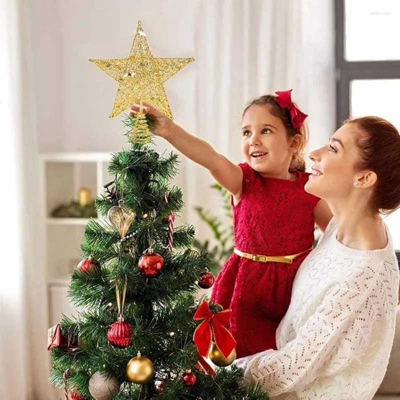 Decorazioni natalizie Anno Stella a cinque punte Albero di Natale Artigianato Top Decorazione con ornamenti glitter dorati