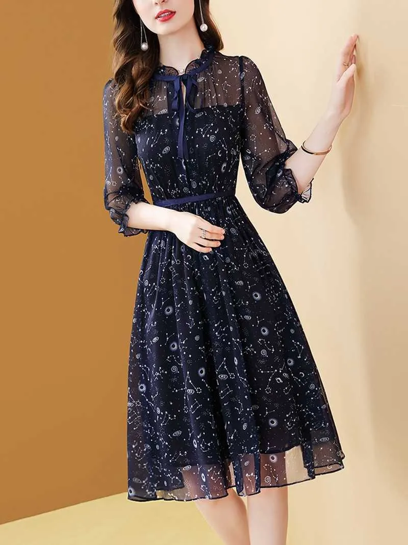 Casual Dresses Summer dress women clothes bow lace-up flower print chiffon dress ladies elegant three-quarter sleeve long work dresses 2021 new T220905